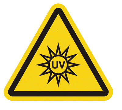 Warning triangle with sun labeled 'UV'